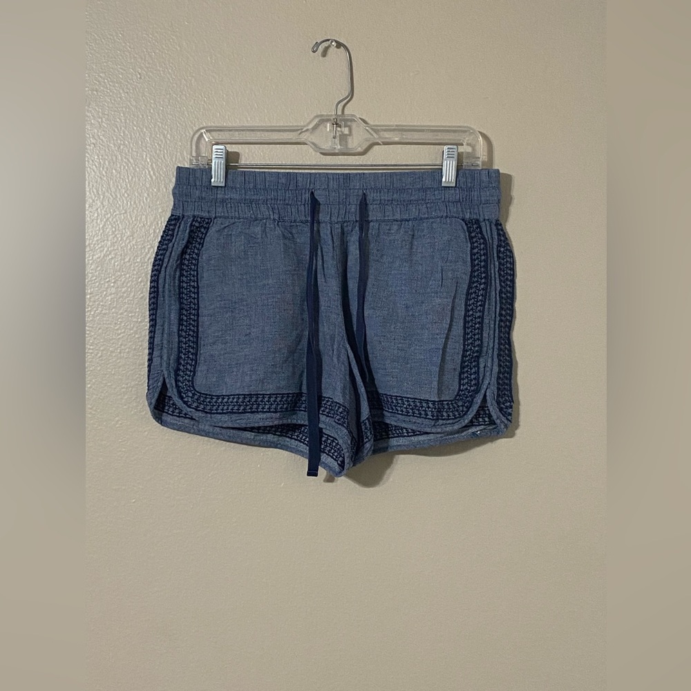 Ann Taylor Chambray Embroidered Linen Boho Elastic Waistband Pull Up Shorts $58